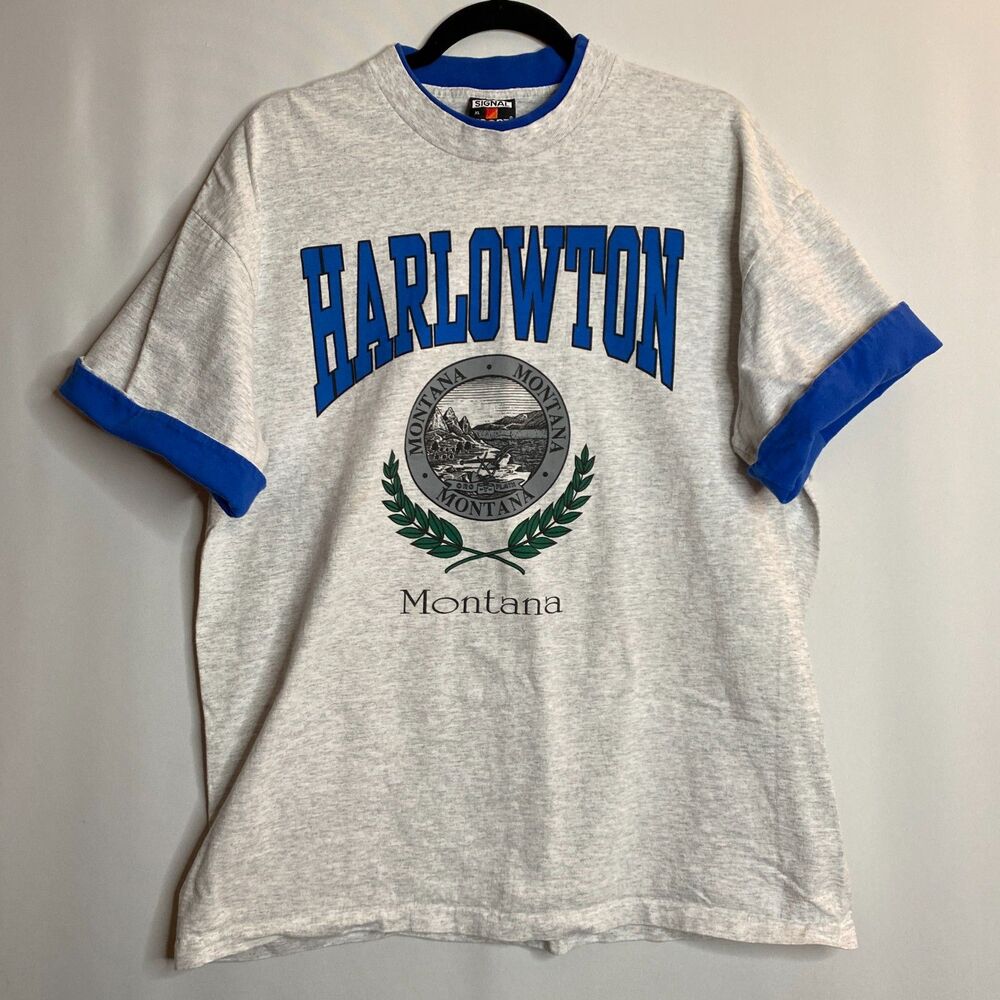 VTG Ringer Graphic Signal Sport T-Shirt Harlowton MT State Seal Blue Size XL
